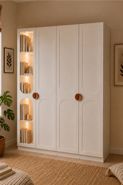 Gardırop, Sardes Kitaplıklı Led Aydınlatmalı 4 Kapılı Dolap