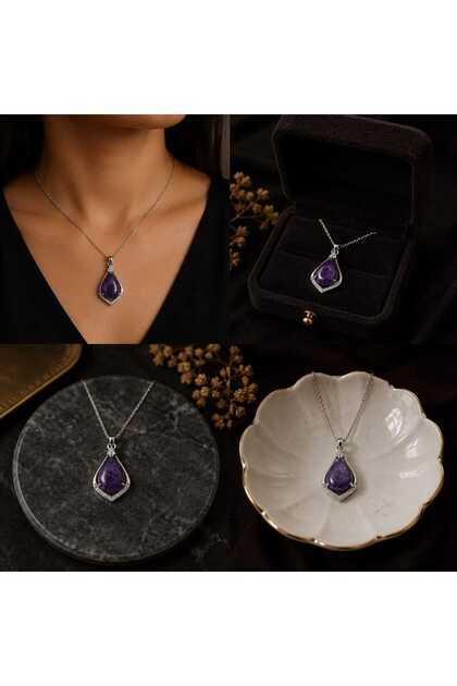 Amethyst Natural Stone Certified Necklace – Women's Purple Amethyst Necklace Stylish Elegant Energy Stone Jewelry