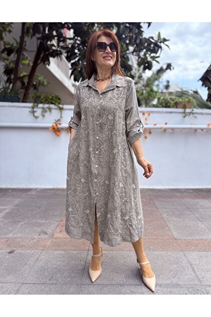 Italian Embossed Embroidered Long Dress Mink