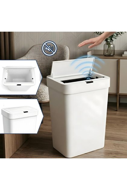 Coș de gunoi cu senzor, 50L, Capac automat anti-miros, Rezistent la apă IPX5, Închidere silențioasă, Fără atingere, 44x29.5x22 cm, Alimentat cu baterii, Design subțire alb