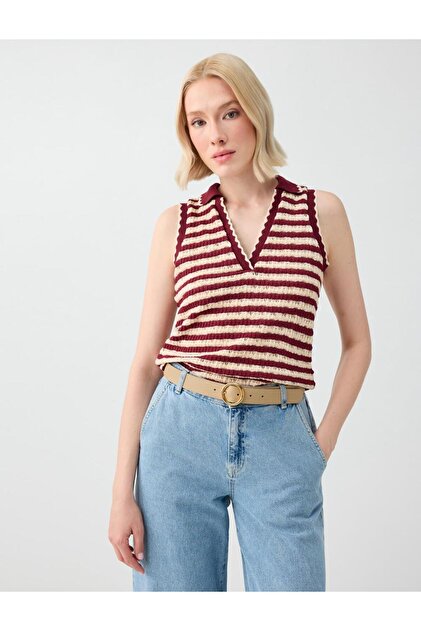 Burgundy Polo Collar Sleeveless Cotton Blouse