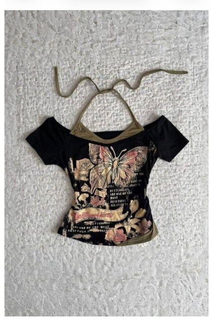 Madonna Collar Butterfly Additional Strap Short Sleeve Inner Body Black Blouse