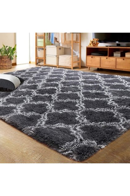 Luxury Shag Area Rug,Modern Indoor Plush Fluffy Carpet,Extra Soft,Geometric Moroccan,160x200 cm,Dark Grey/White,for Bedroom,Living Room,Kids