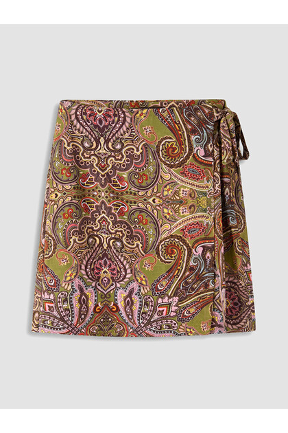 Khaki Ethnic Patterned Linen Blend Short Skirt