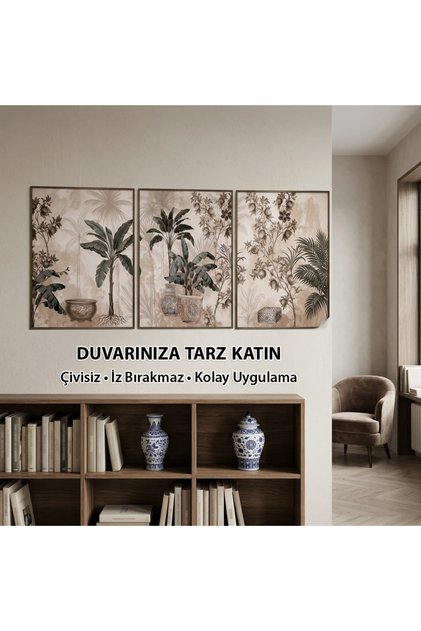 Statik Tutunma Özellikli 3’lü Vintage Botanik Tablo Seti – Dekoratif Poster (Model-85)