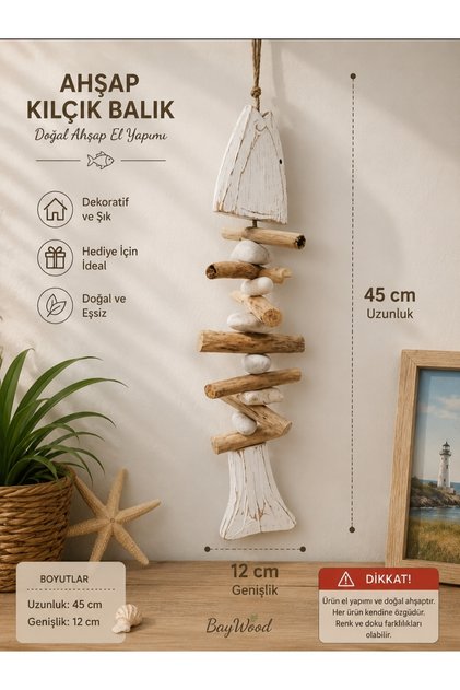 Ahşap Kılçık Balık Duvar Süsü 45x12 cm Deniz Taşlı El Yapımı Marin Dekor