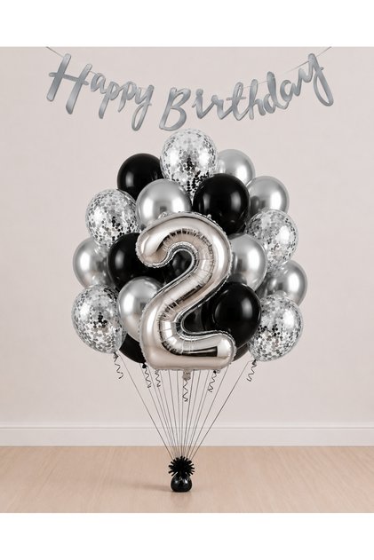 -2- Age Silver Happy Birthday Banner Themed Balloon Bundle 15 Pieces