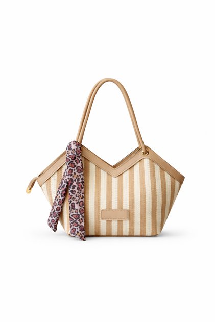 Women's Beige Striped Scarf Detailed Textile Shoulder Bag