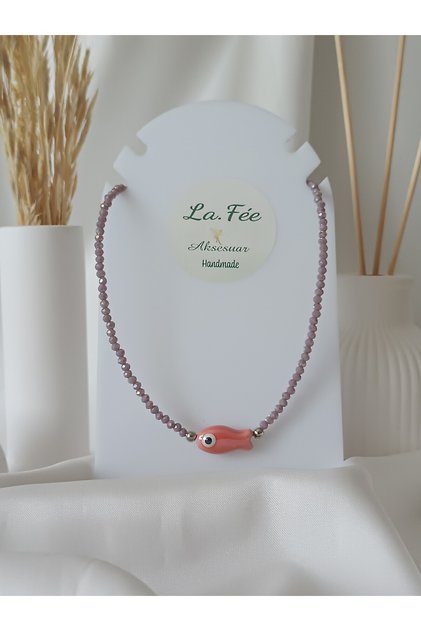 Salmon Ceramic Fish Necklace Women Crystal Lilac Beads Necklace Short Choker