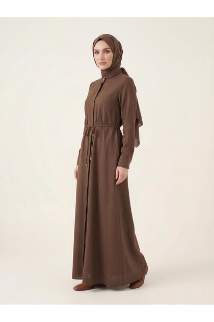 Lace-Up Linen Robe with Front Closure, High Collar, Long Sleeves 9542-26 Mink