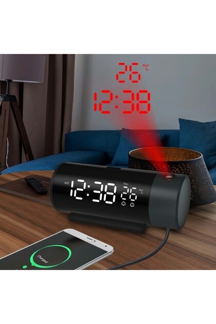 D.ART and TECH Projeksiyonlu Silindir USB Güç LED Ekran Çalar Saat Sıcaklık Çift Alarm