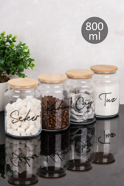 Set of 4 Bamboo Vacuum Lids 800 ml Glass Jars with Transparent Labels for Tea, Sugar, Coffee, Salt Storage Jars