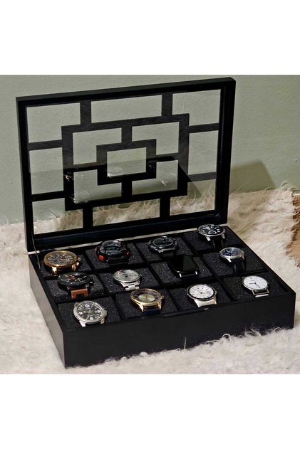 Wooden 12-Compartment Watch Box Decorative Black Glass Watch Accessory Storage Box Organizer