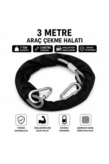 Çantalı 3 Metre 10 mm Araç Çekme Halatı 7 Ton Çelik Çekme Halatı 2 Adet Vidalı Karabinalı