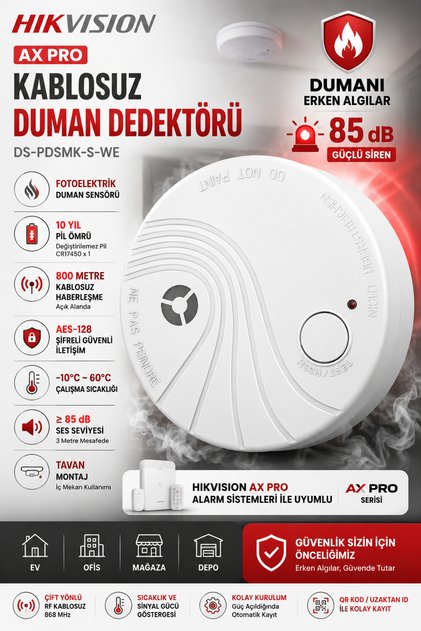 KABLOSUZ DUMAN DEDEKTÖRÜ (AX PRO) DS-PDSMK-S-WE / YANGIN DEDKTÖRÜ / YANGIN ALARM SENSÖRÜ / DUMAN ALARM / AKILLI DUMAN DEDEKTÖRÜ / YANGIN İHBAR