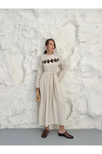 Women's Beige Floral Embroidered Belted Long Sleeve Linen Dress