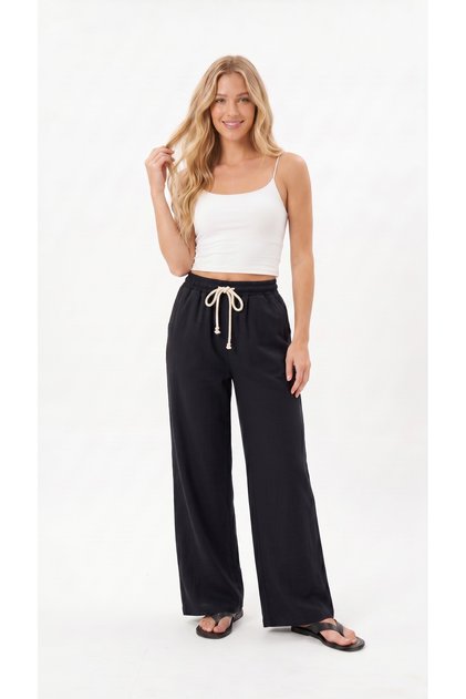 Women's Muslin Look Palazzo Sweatpants Black Color Wide Leg High Waist