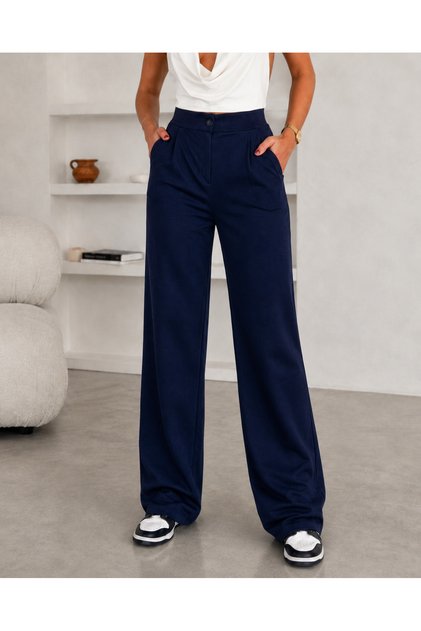 Women's Navy Blue High Waist Button Closure Lycra Pleated Palazzo Knitted Trousers