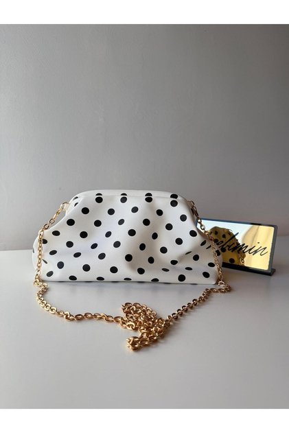 Women's White-Black Polka Dot Scholarship Pouch Bag with Gold Chain Detail