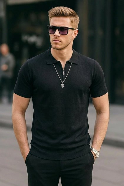 Men's Zippered Casual Black Slim Fit Polo Collar T-Shirt