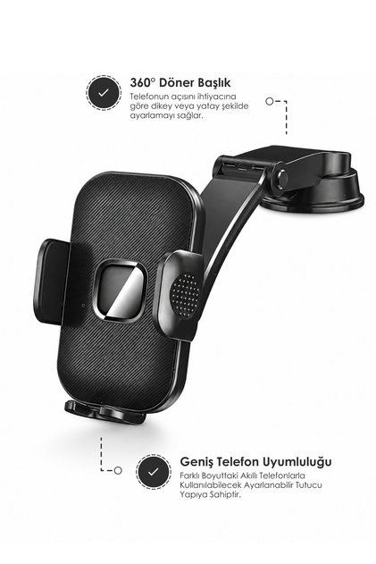 60° Vantuzlu Araç İçi Telefon Tutucu - Cam & Torpido Uyumlu Güçlü Kilitlemeli