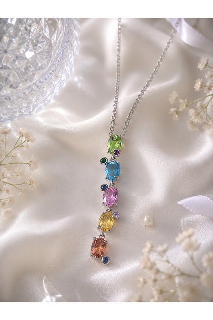 Prisma Colorful Stone Y Necklace (Silver Color)