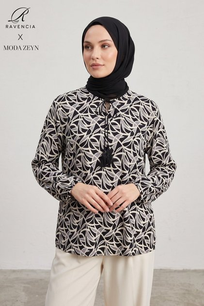 Women's Geometric Patterned Crew Neck Lace-Up Woven Viscose Blouse