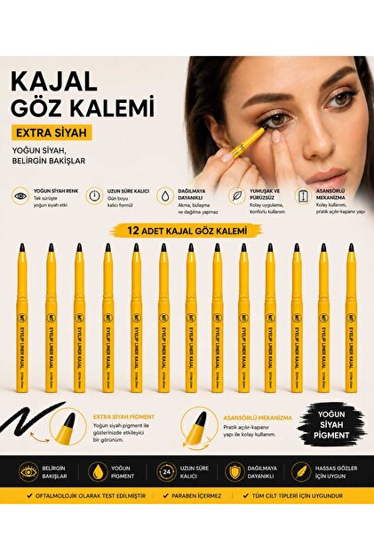 Kajal Göz Kalemi 12'li Set – Extra Siyah Yoğun Pigment
