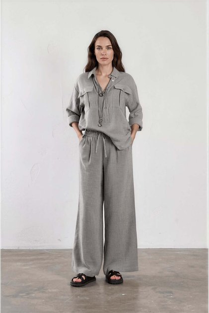 Gray Color Striped 100% Cotton Women's Shirt and Trouser Bottom-Top Set