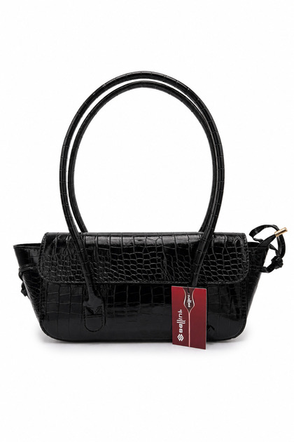 Croco Berlin Baguette Women's Shoulder Bag with Knot Detail on the Edges and Flap, Black