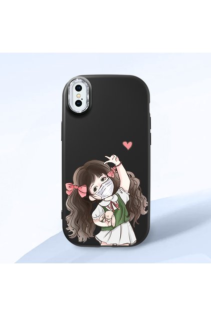 iPhone XS Max Compatible Case Camera Protector Black Silicone Couple Phone Case Girl Patterned