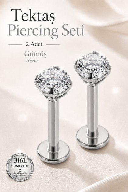 2’li Set Tektaş Piercing 316L Çelik 3 mm Taşlı Helix Tragus Labret Piercing
