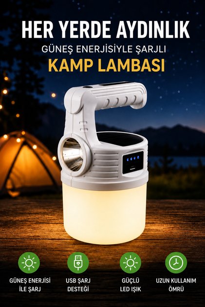 Solar Şarjlı Kamp Lambası USB Şarjlı LED Kamp Feneri Acil Durum Işığı Taşınabilir El Feneri