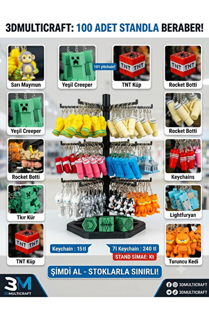 100 Adet Toptan 3D Figürlü Anahtarlık Seti + Döner Sergileme Standı (Minecraft, Termos, Figür Karışık)