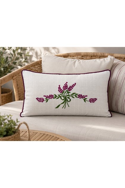 Lavender Patterned Cotton Throw Pillow Cover – Decorative Pillowcase with Ribbed Edges