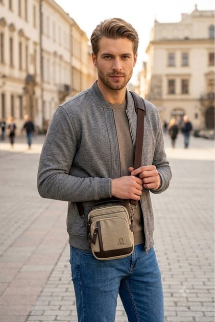Men's Canvas Faux Leather Detailed Adjustable Strap Shoulder Bag