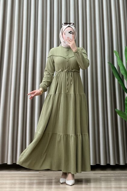 Suede Dress Maya Fabric Women's Mint Green Openable Buttoned Waist Tie Elastic Sleeves Comfortable Cut Hijab Dress