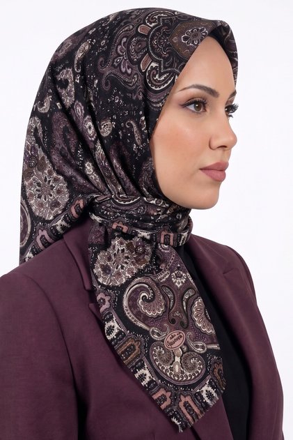 Γυναικείο λιλά μαύρο κασκόλ με σχέδιο Paisley και λωρίδες