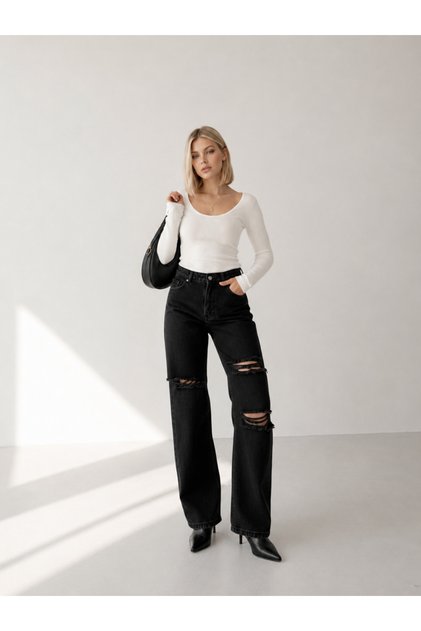 Women's Black High Waist Knee Ripped Detailed Wide Leg Palazzo Jean Denim Trousers