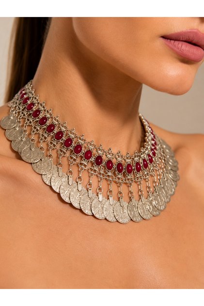 Pul Detaylı Taşlı Choker Kolye - Etnik Bohem Kadın Aksesuar