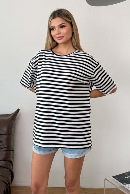 Women's Crew Neck Oversize Striped T-Shirt Black White - 26Y 508