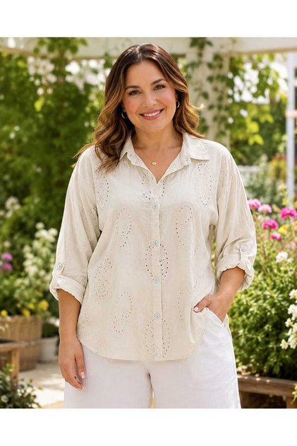 Women's Oversized Italian Cotton Shirt with Shawl Motif Embroidery