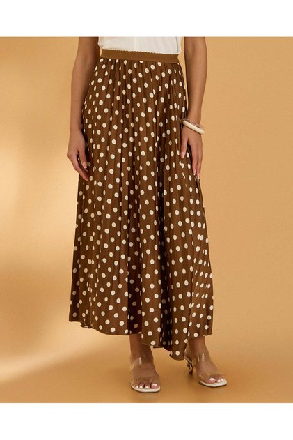 Women Brown Polka Dot Pleated Skirt
