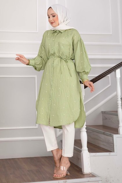 Self-Patchwork Lace-Up Long Shirt Tunic Green Olive