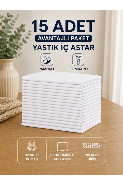 15 Adet %100 Pamuklu Yastık İç Kılıfı 50x70 cm Fermuarlı Yastık İç Astar Overlok Dikiş Otel/Ev