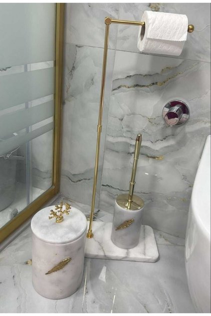 Doğal Mermer Tabanli Wc Peçeteli?k - Çöp Kovasi - Wc Firçalik - Beyaz Gold
