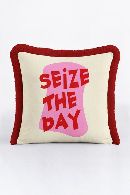 Pop Art Typographic Fringed Pillowcase - Energetic Lettering Cream Burgundy Red Tasseled Throw Pillow Cover