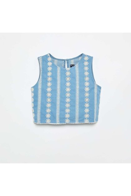 Sleeveless Blouse with All-Over Embroidery BLUE