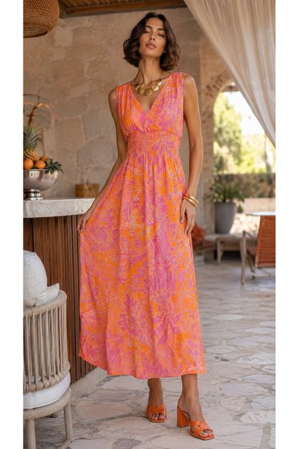 Colorful Front and Back V-Neck Women's Summer Dress with Elastic Waist and Slits
