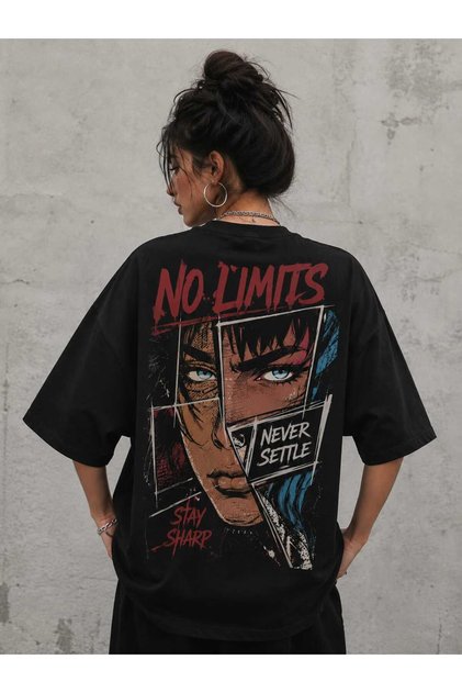 Street Anime Oversize Black Printed T-Shirt